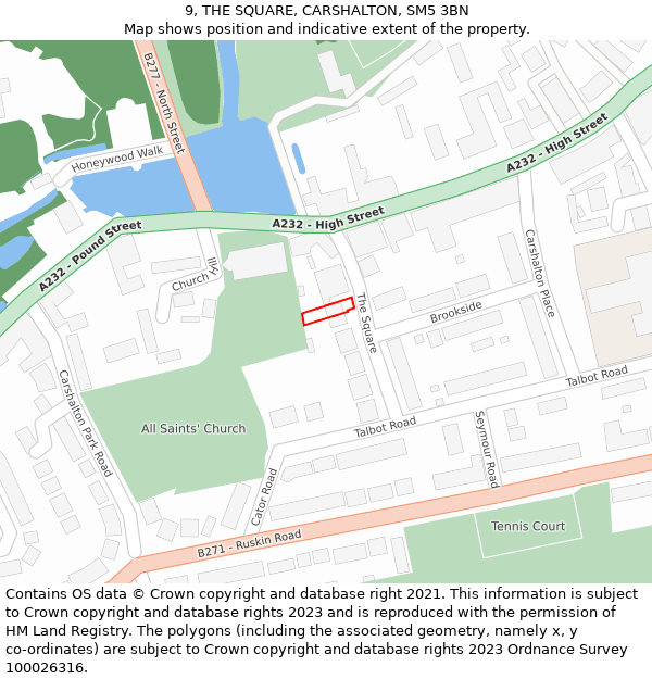 9, THE SQUARE, CARSHALTON, SM5 3BN: Location map and indicative extent of plot