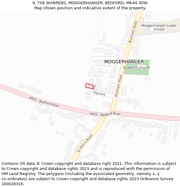 9, THE WARRENS, MOGGERHANGER, BEDFORD, MK44 3DW: Location map and indicative extent of plot