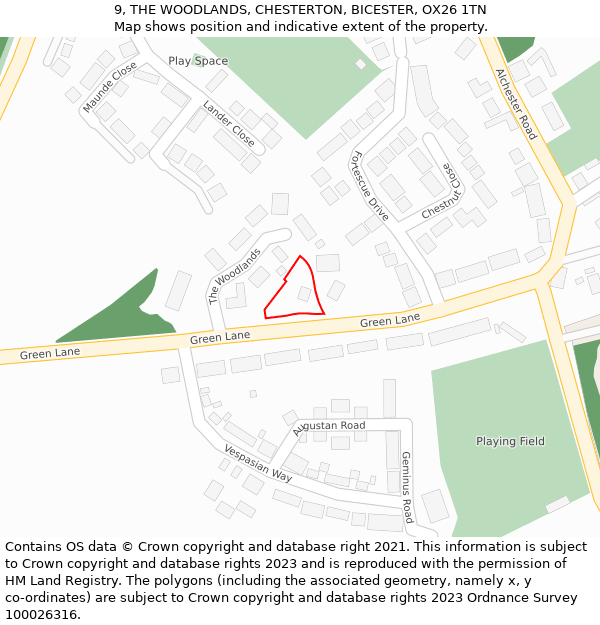 9, THE WOODLANDS, CHESTERTON, BICESTER, OX26 1TN: Location map and indicative extent of plot