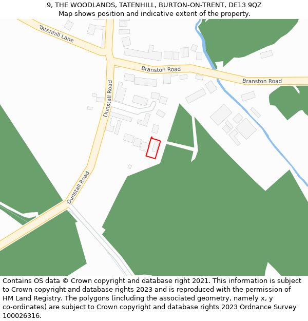 9, THE WOODLANDS, TATENHILL, BURTON-ON-TRENT, DE13 9QZ: Location map and indicative extent of plot