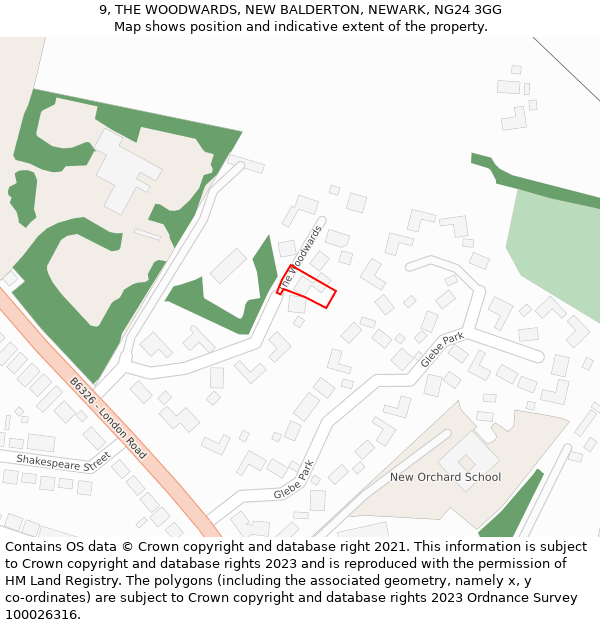 9, THE WOODWARDS, NEW BALDERTON, NEWARK, NG24 3GG: Location map and indicative extent of plot