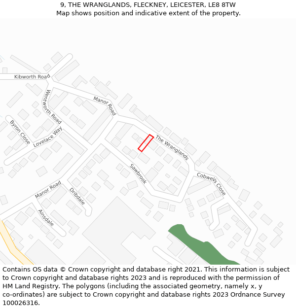 9, THE WRANGLANDS, FLECKNEY, LEICESTER, LE8 8TW: Location map and indicative extent of plot