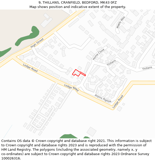 9, THILLANS, CRANFIELD, BEDFORD, MK43 0FZ: Location map and indicative extent of plot