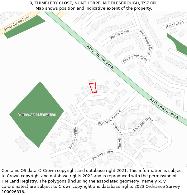 9, THIMBLEBY CLOSE, NUNTHORPE, MIDDLESBROUGH, TS7 0PL: Location map and indicative extent of plot