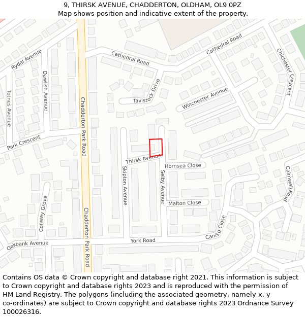 9, THIRSK AVENUE, CHADDERTON, OLDHAM, OL9 0PZ: Location map and indicative extent of plot