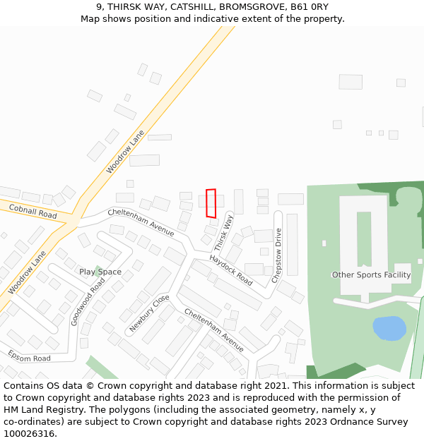 9, THIRSK WAY, CATSHILL, BROMSGROVE, B61 0RY: Location map and indicative extent of plot