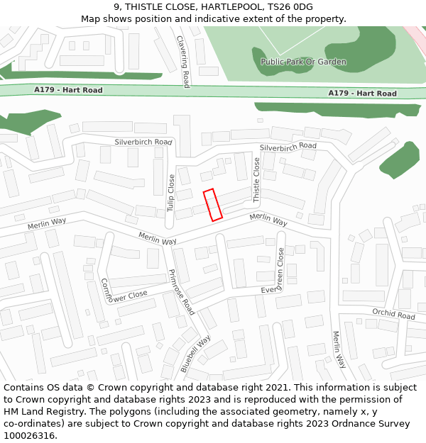 9, THISTLE CLOSE, HARTLEPOOL, TS26 0DG: Location map and indicative extent of plot