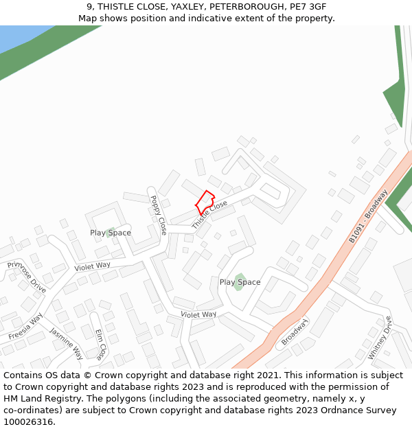 9, THISTLE CLOSE, YAXLEY, PETERBOROUGH, PE7 3GF: Location map and indicative extent of plot