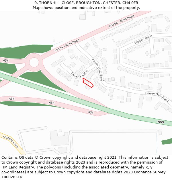 9, THORNHILL CLOSE, BROUGHTON, CHESTER, CH4 0FB: Location map and indicative extent of plot