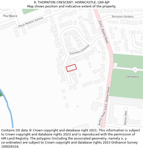 9, THORNTON CRESCENT, HORNCASTLE, LN9 6JP: Location map and indicative extent of plot