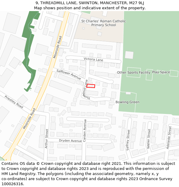 9, THREADMILL LANE, SWINTON, MANCHESTER, M27 9LJ: Location map and indicative extent of plot