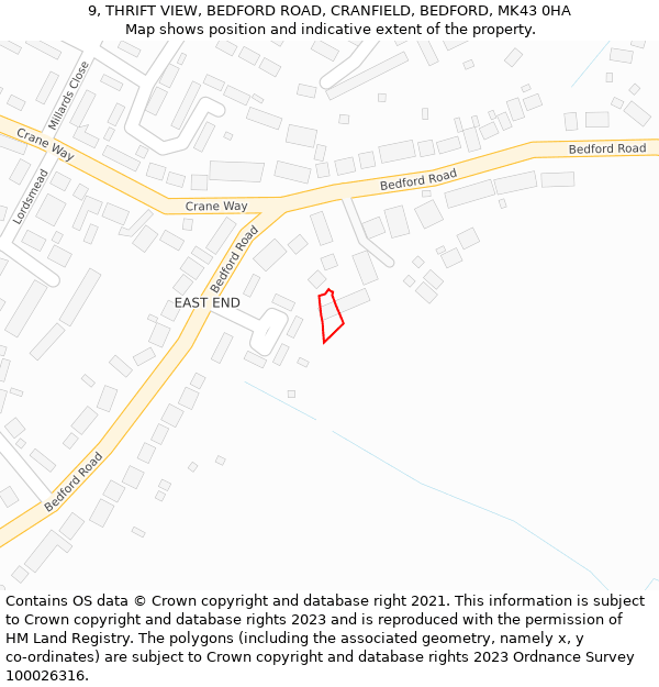 9, THRIFT VIEW, BEDFORD ROAD, CRANFIELD, BEDFORD, MK43 0HA: Location map and indicative extent of plot