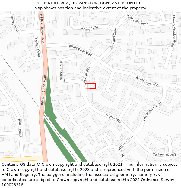 9, TICKHILL WAY, ROSSINGTON, DONCASTER, DN11 0FJ: Location map and indicative extent of plot