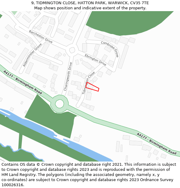 9, TIDMINGTON CLOSE, HATTON PARK, WARWICK, CV35 7TE: Location map and indicative extent of plot