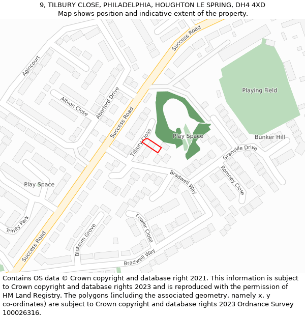 9, TILBURY CLOSE, PHILADELPHIA, HOUGHTON LE SPRING, DH4 4XD: Location map and indicative extent of plot