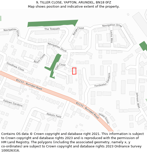 9, TILLER CLOSE, YAPTON, ARUNDEL, BN18 0FZ: Location map and indicative extent of plot