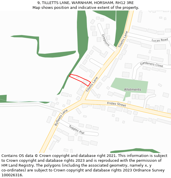 9, TILLETTS LANE, WARNHAM, HORSHAM, RH12 3RE: Location map and indicative extent of plot