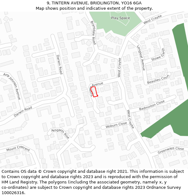 9, TINTERN AVENUE, BRIDLINGTON, YO16 6GA: Location map and indicative extent of plot