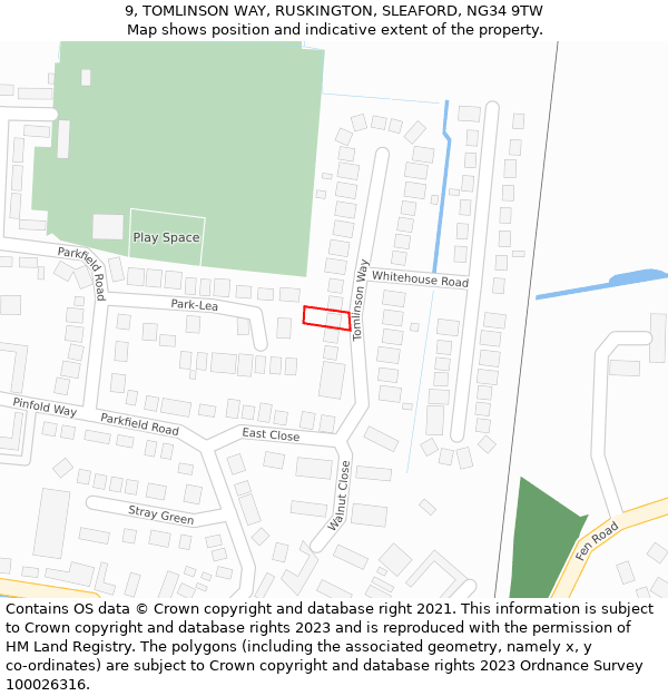 9, TOMLINSON WAY, RUSKINGTON, SLEAFORD, NG34 9TW: Location map and indicative extent of plot