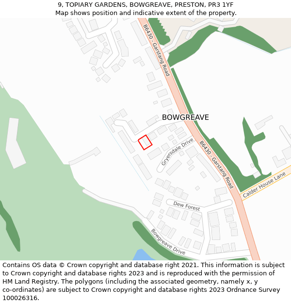 9, TOPIARY GARDENS, BOWGREAVE, PRESTON, PR3 1YF: Location map and indicative extent of plot