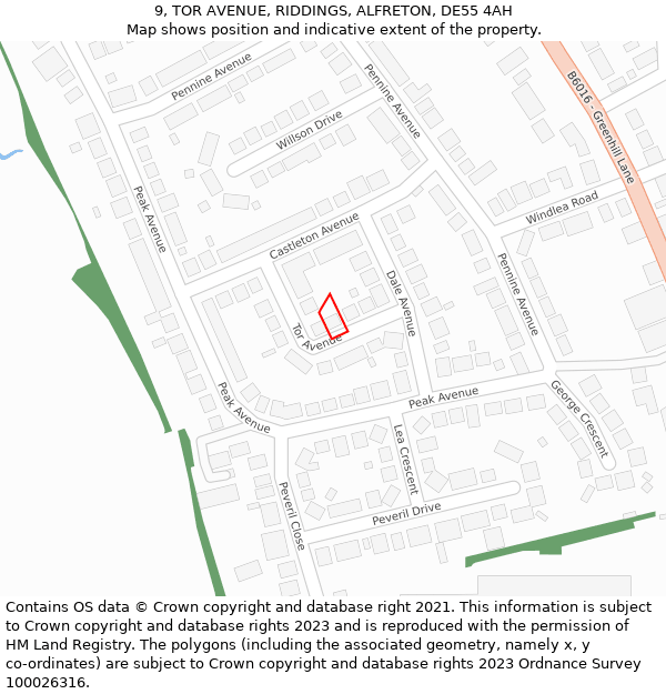 9, TOR AVENUE, RIDDINGS, ALFRETON, DE55 4AH: Location map and indicative extent of plot
