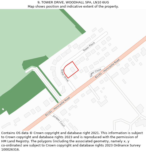 9, TOWER DRIVE, WOODHALL SPA, LN10 6UG: Location map and indicative extent of plot