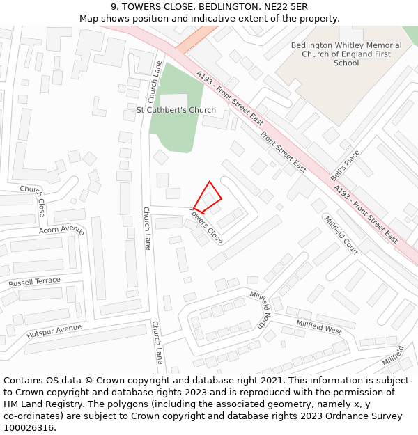 9, TOWERS CLOSE, BEDLINGTON, NE22 5ER: Location map and indicative extent of plot