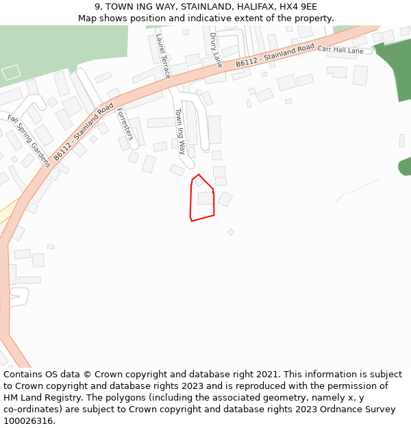 9, TOWN ING WAY, STAINLAND, HALIFAX, HX4 9EE: Location map and indicative extent of plot
