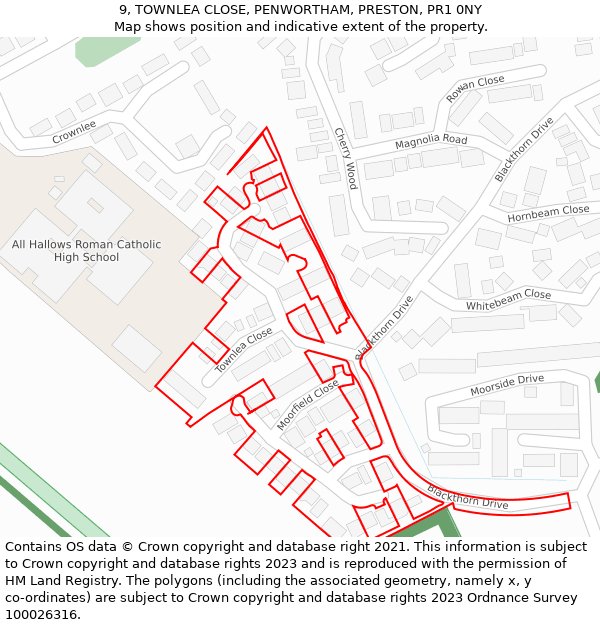 9, TOWNLEA CLOSE, PENWORTHAM, PRESTON, PR1 0NY: Location map and indicative extent of plot