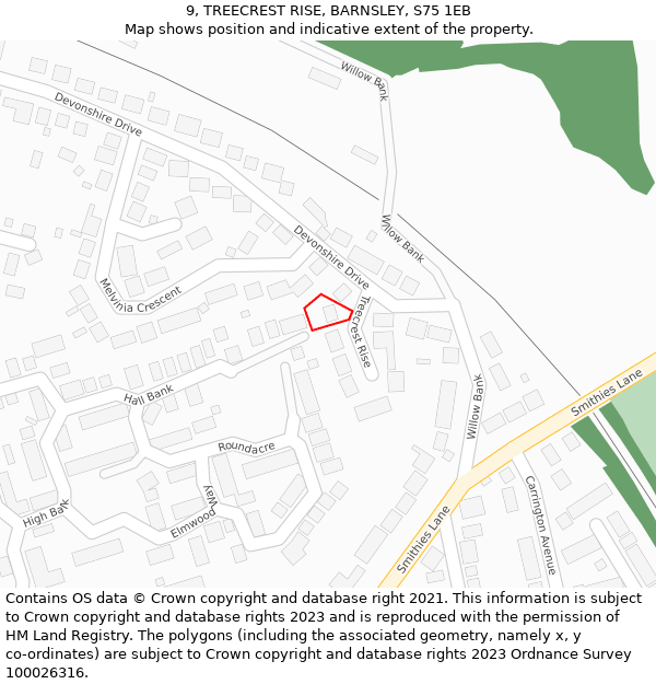 9, TREECREST RISE, BARNSLEY, S75 1EB: Location map and indicative extent of plot