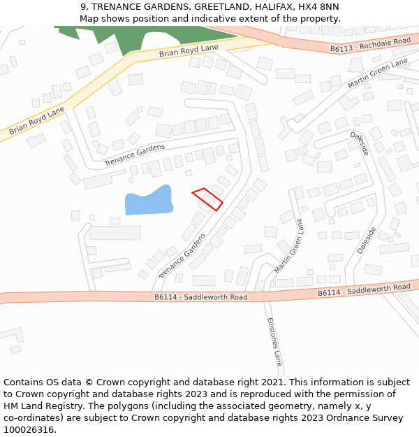 9, TRENANCE GARDENS, GREETLAND, HALIFAX, HX4 8NN: Location map and indicative extent of plot