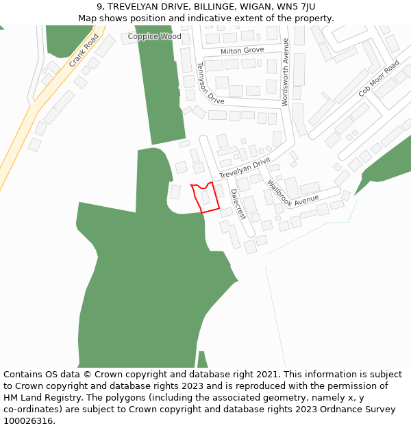 9, TREVELYAN DRIVE, BILLINGE, WIGAN, WN5 7JU: Location map and indicative extent of plot