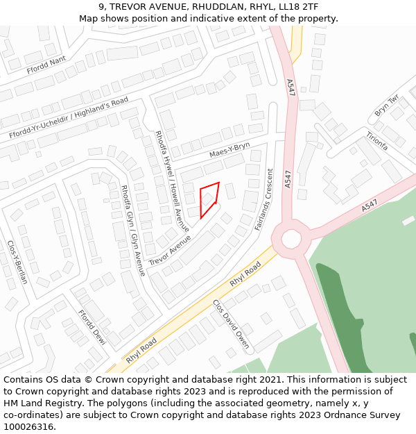 9, TREVOR AVENUE, RHUDDLAN, RHYL, LL18 2TF: Location map and indicative extent of plot