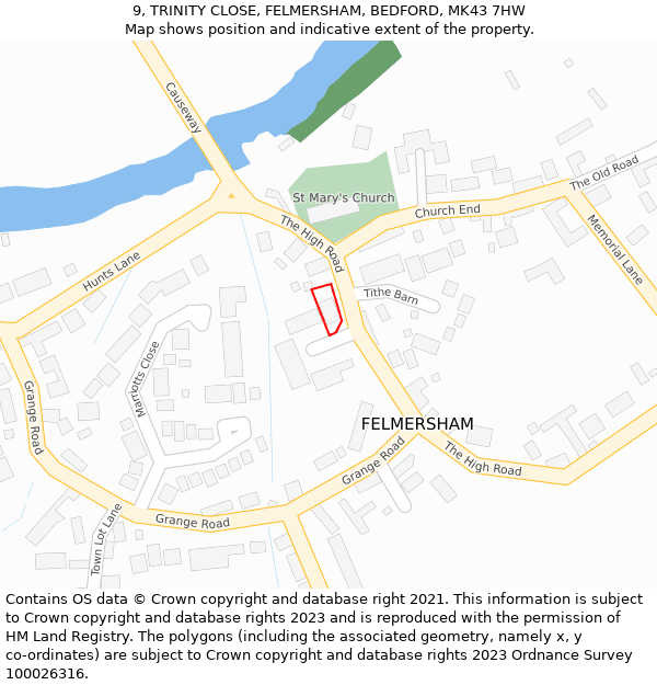 9, TRINITY CLOSE, FELMERSHAM, BEDFORD, MK43 7HW: Location map and indicative extent of plot