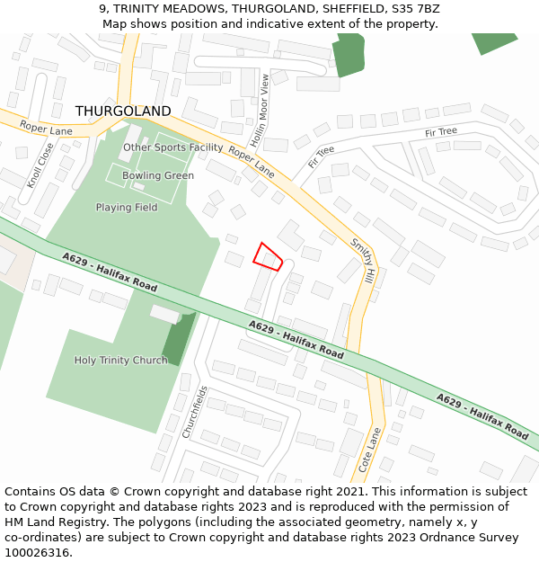 9, TRINITY MEADOWS, THURGOLAND, SHEFFIELD, S35 7BZ: Location map and indicative extent of plot
