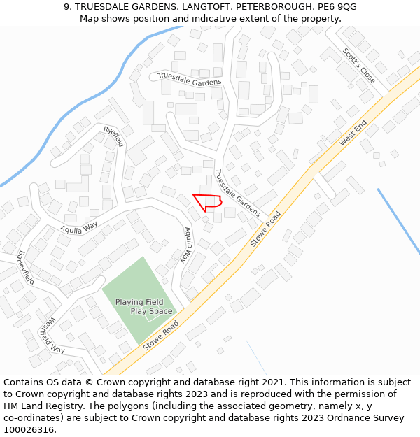 9, TRUESDALE GARDENS, LANGTOFT, PETERBOROUGH, PE6 9QG: Location map and indicative extent of plot