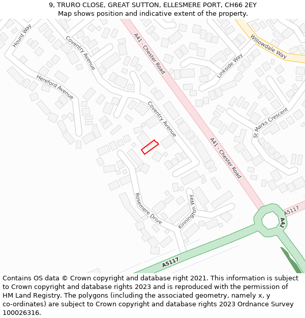 9, TRURO CLOSE, GREAT SUTTON, ELLESMERE PORT, CH66 2EY: Location map and indicative extent of plot