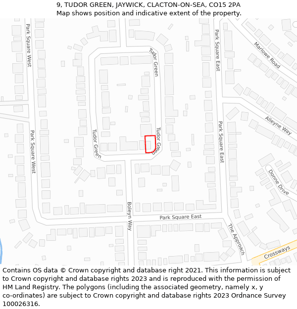 9, TUDOR GREEN, JAYWICK, CLACTON-ON-SEA, CO15 2PA: Location map and indicative extent of plot