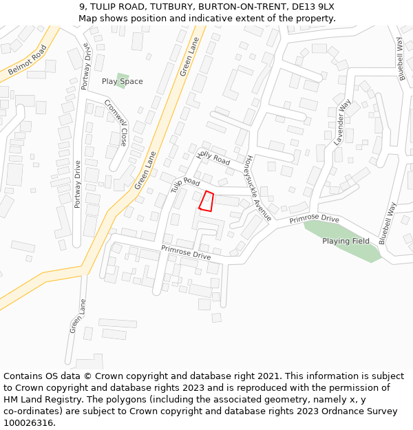 9, TULIP ROAD, TUTBURY, BURTON-ON-TRENT, DE13 9LX: Location map and indicative extent of plot