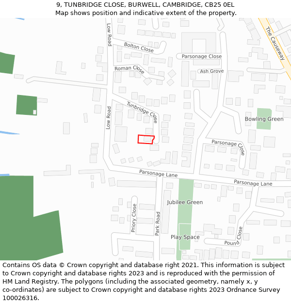 9, TUNBRIDGE CLOSE, BURWELL, CAMBRIDGE, CB25 0EL: Location map and indicative extent of plot