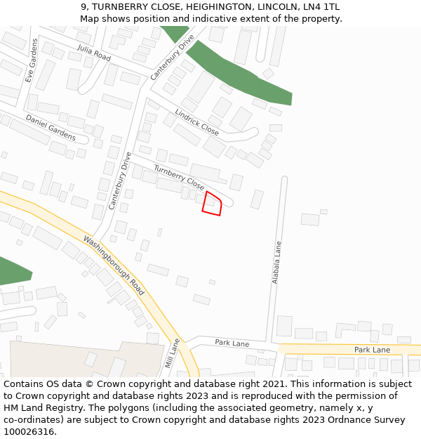 9, TURNBERRY CLOSE, HEIGHINGTON, LINCOLN, LN4 1TL: Location map and indicative extent of plot