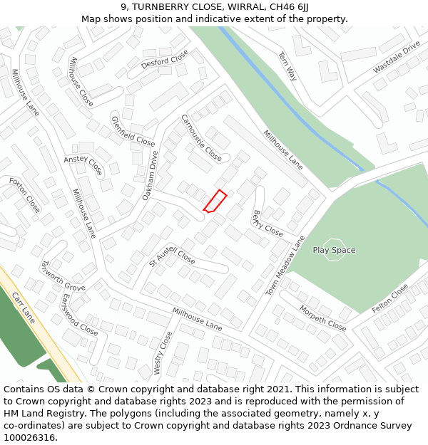 9, TURNBERRY CLOSE, WIRRAL, CH46 6JJ: Location map and indicative extent of plot