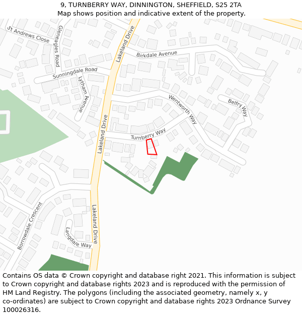 9, TURNBERRY WAY, DINNINGTON, SHEFFIELD, S25 2TA: Location map and indicative extent of plot