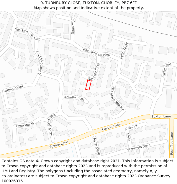 9, TURNBURY CLOSE, EUXTON, CHORLEY, PR7 6FF: Location map and indicative extent of plot