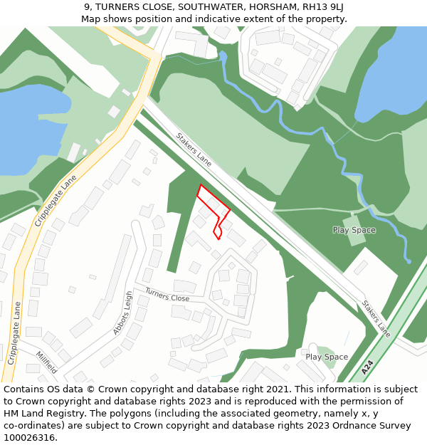 9, TURNERS CLOSE, SOUTHWATER, HORSHAM, RH13 9LJ: Location map and indicative extent of plot