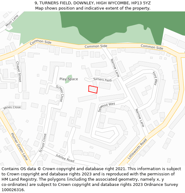 9, TURNERS FIELD, DOWNLEY, HIGH WYCOMBE, HP13 5YZ: Location map and indicative extent of plot
