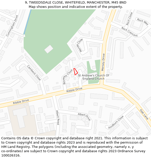 9, TWEEDSDALE CLOSE, WHITEFIELD, MANCHESTER, M45 8ND: Location map and indicative extent of plot