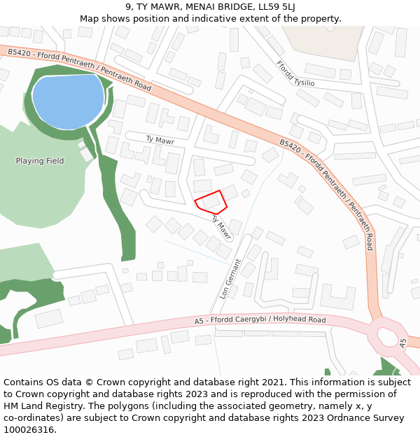 9, TY MAWR, MENAI BRIDGE, LL59 5LJ: Location map and indicative extent of plot