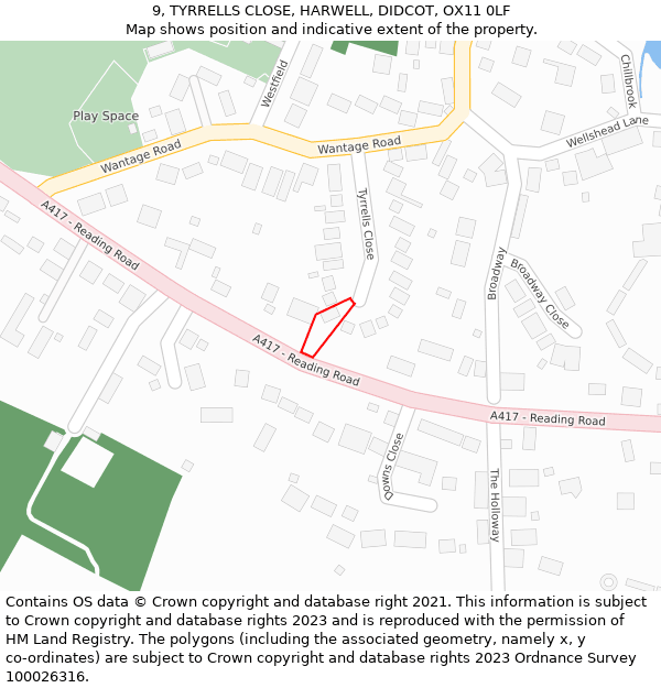 9, TYRRELLS CLOSE, HARWELL, DIDCOT, OX11 0LF: Location map and indicative extent of plot