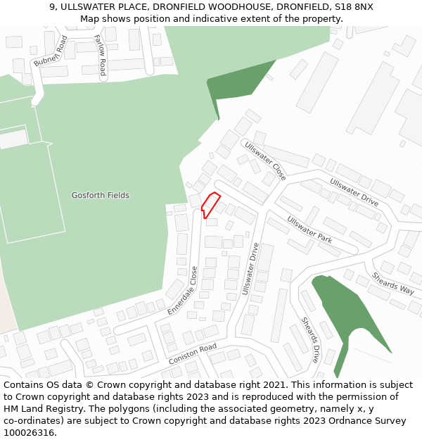 9, ULLSWATER PLACE, DRONFIELD WOODHOUSE, DRONFIELD, S18 8NX: Location map and indicative extent of plot
